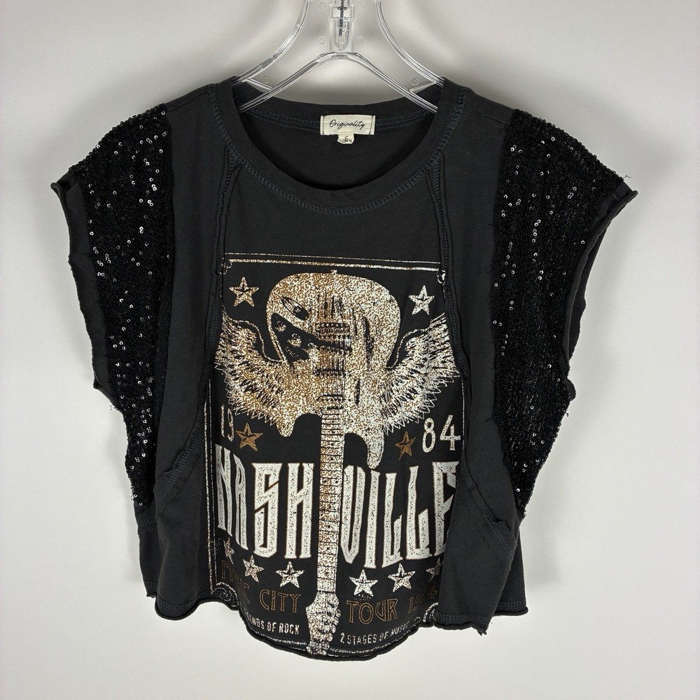 Originality Women's Small Cropped Nashville Graphic T Shirt Sequin Black Concert